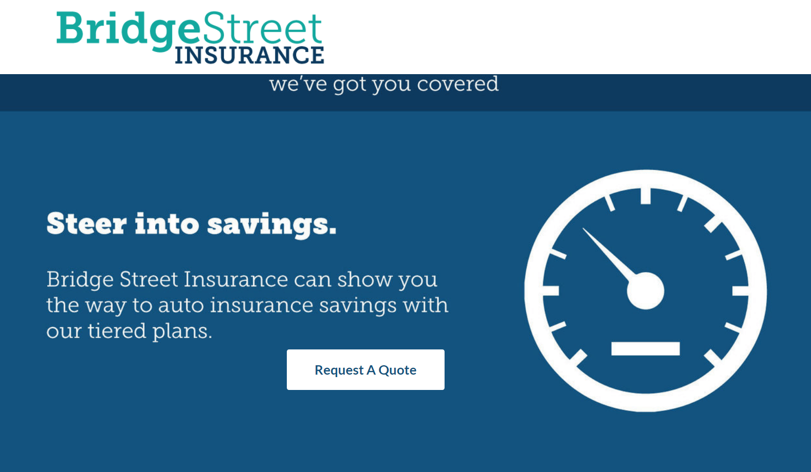 Screenshot of a web page for Bridge Street Insurance featured a Request a Quote call to action button