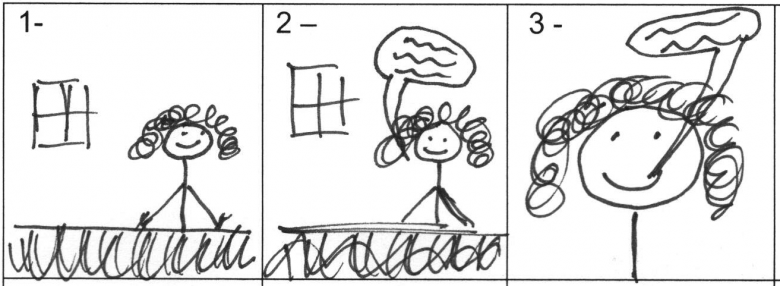 Storyboard example. The first frame shows a woman sitting behind a desk. She second frame shows her behind the desk and speaking. The third frame shows her in close-up and speaking.