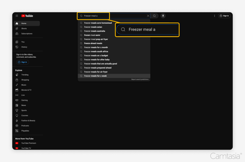 Image of someone searching "freezer meal a" in youtube.