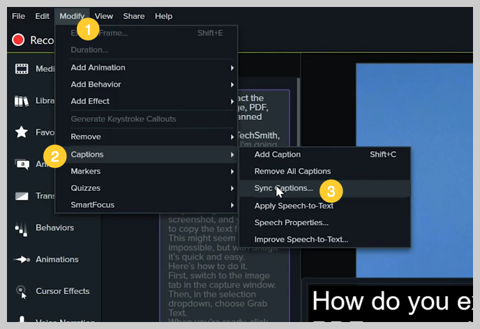access the captions editor in camtasia 3 for mac