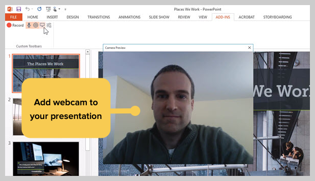 screenshot of adding webcam to a presentation recording