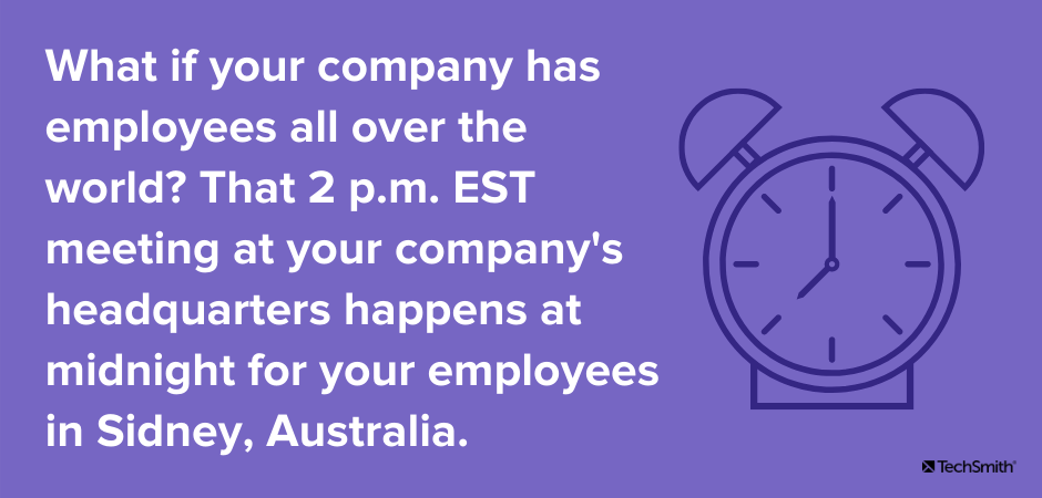 What if your company has employees all over the world? That 2 p.m. EST meeting at your company's headquarters happens at midnight for your employees in Sidney, Australia.