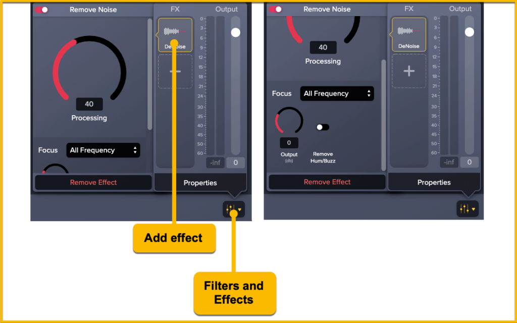 The Audiate add effects and filters panel.