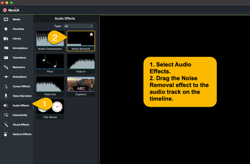 The Camtasia audio effects panel.