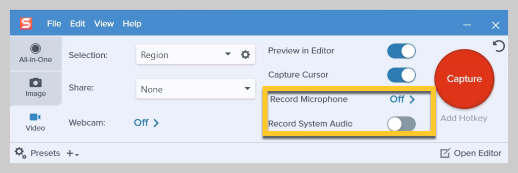 How to select your audio recording options on Snagit