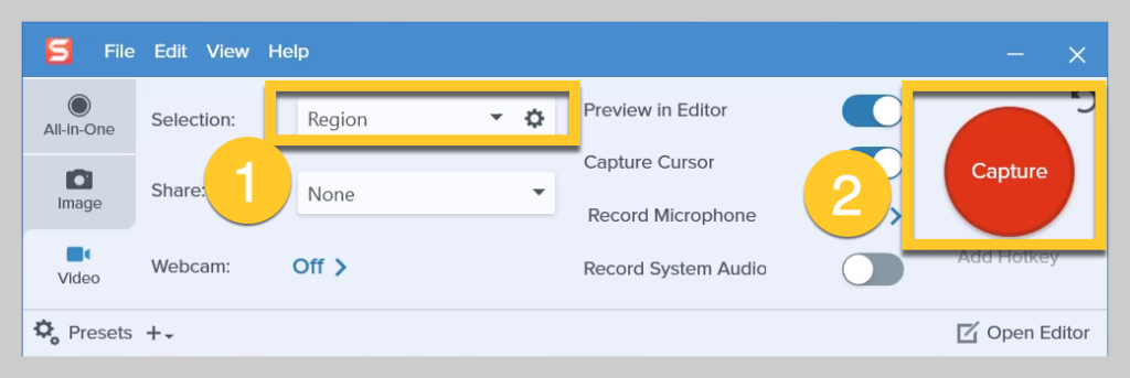 How to choose your recording region on Snagit
