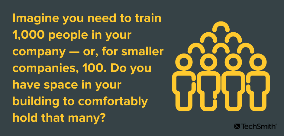 Imagine you need to train 1,000 people in your company — or, for smaller companies, 100. Do you have space in your building to comfortably hold that many?