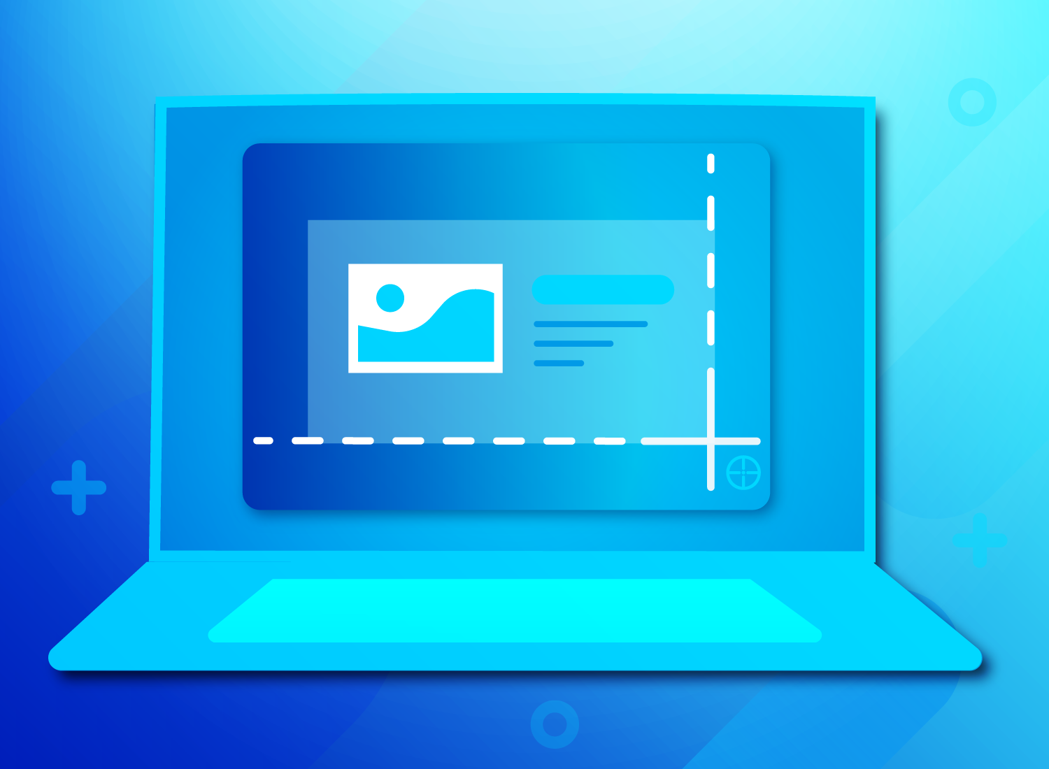 Digital illustration of a laptop with a screenshot editing interface on the screen, set against a gradient background. A cursor icon implies user interaction for editing or annotating a screenshot.