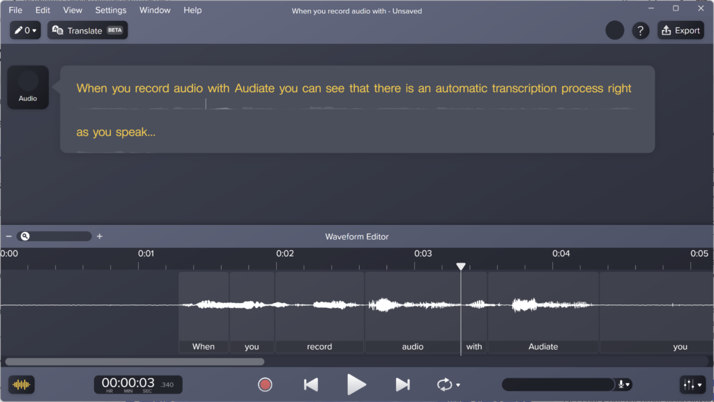 Transcription and waveform editor views of a voice over.