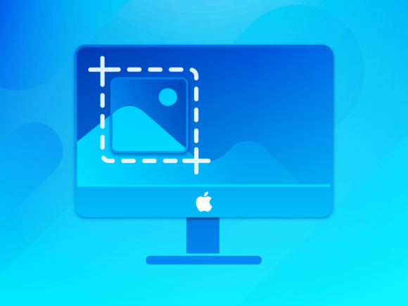 The image features a simplified representation of an Apple iMac computer with a blue screen, on a gradient blue background that transitions from light at the top to dark at the bottom. On the computer's screen, there's a dashed white outline of a square with a smaller image icon inside, symbolizing the action of taking a screenshot.