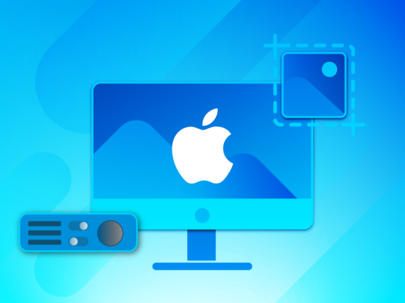 Vector illustration of a Mac computer screen with the Apple logo displayed, accompanied by a webcam icon outlined on the right, indicating a tutorial for screen recording on a Mac. A widget with control buttons lies to the left of the screen, suggesting user interface elements for recording software. The entire image set against a gradient blue background with abstract design elements, ideal for content related to tech tutorials, digital recording, and Mac operating system instructions.