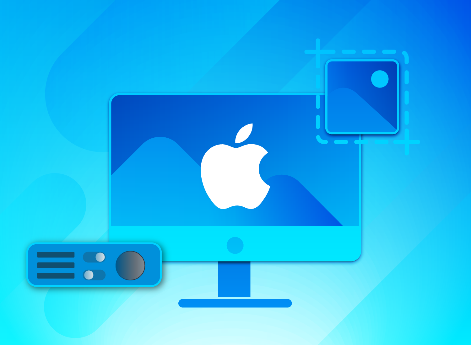 Vector illustration of a Mac computer screen with the Apple logo displayed, accompanied by a webcam icon outlined on the right, indicating a tutorial for screen recording on a Mac. A widget with control buttons lies to the left of the screen, suggesting user interface elements for recording software. The entire image set against a gradient blue background with abstract design elements, ideal for content related to tech tutorials, digital recording, and Mac operating system instructions.