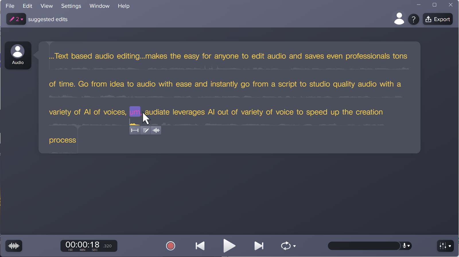 Text-based audio editing shown in the user interface