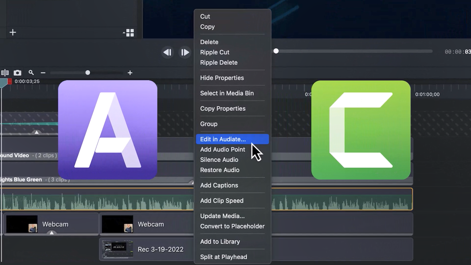 Image of Audiate and Camtasia working together to edit the video in Audiate.