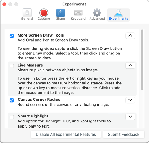 Onglet Expérimentations dans Snagit pour Mac