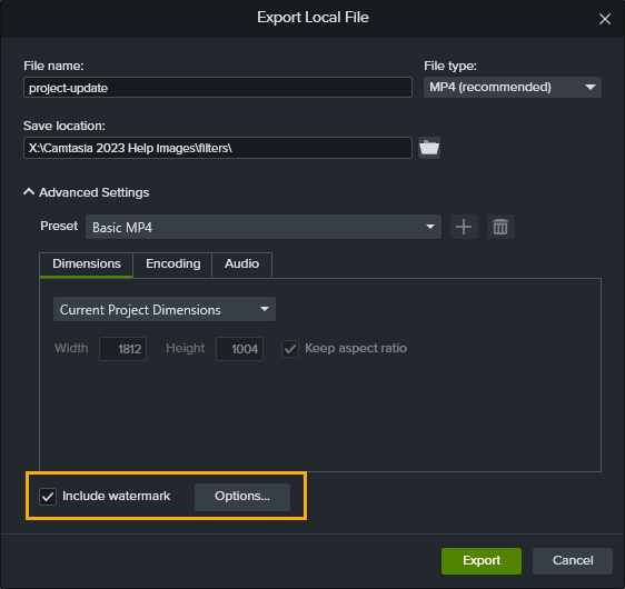 Include Watermark checkbox and Options button in the Export Local File dialog