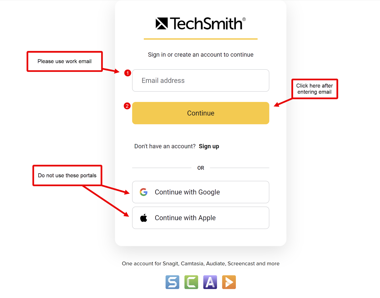 Image of a log in portal with step by step instructions clearly marked on the screenshot.