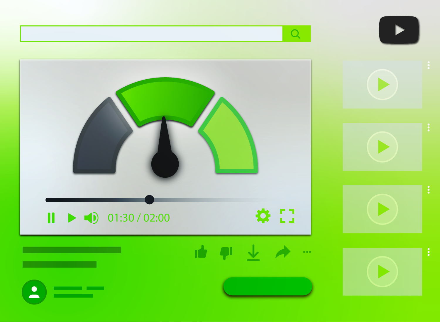 A video player interface is displayed with a green theme. In the center of the screen, a progress gauge is shown, where the needle points towards the green section, indicating progress. Below the gauge is a video control bar showing that the video is at 1:30 out of a total of 2:00 minutes. The interface includes standard video controls such as play/pause, volume, and settings icons. On the right side, there are four video thumbnails indicating related or suggested videos. The background and other interface elements are in various shades of green.