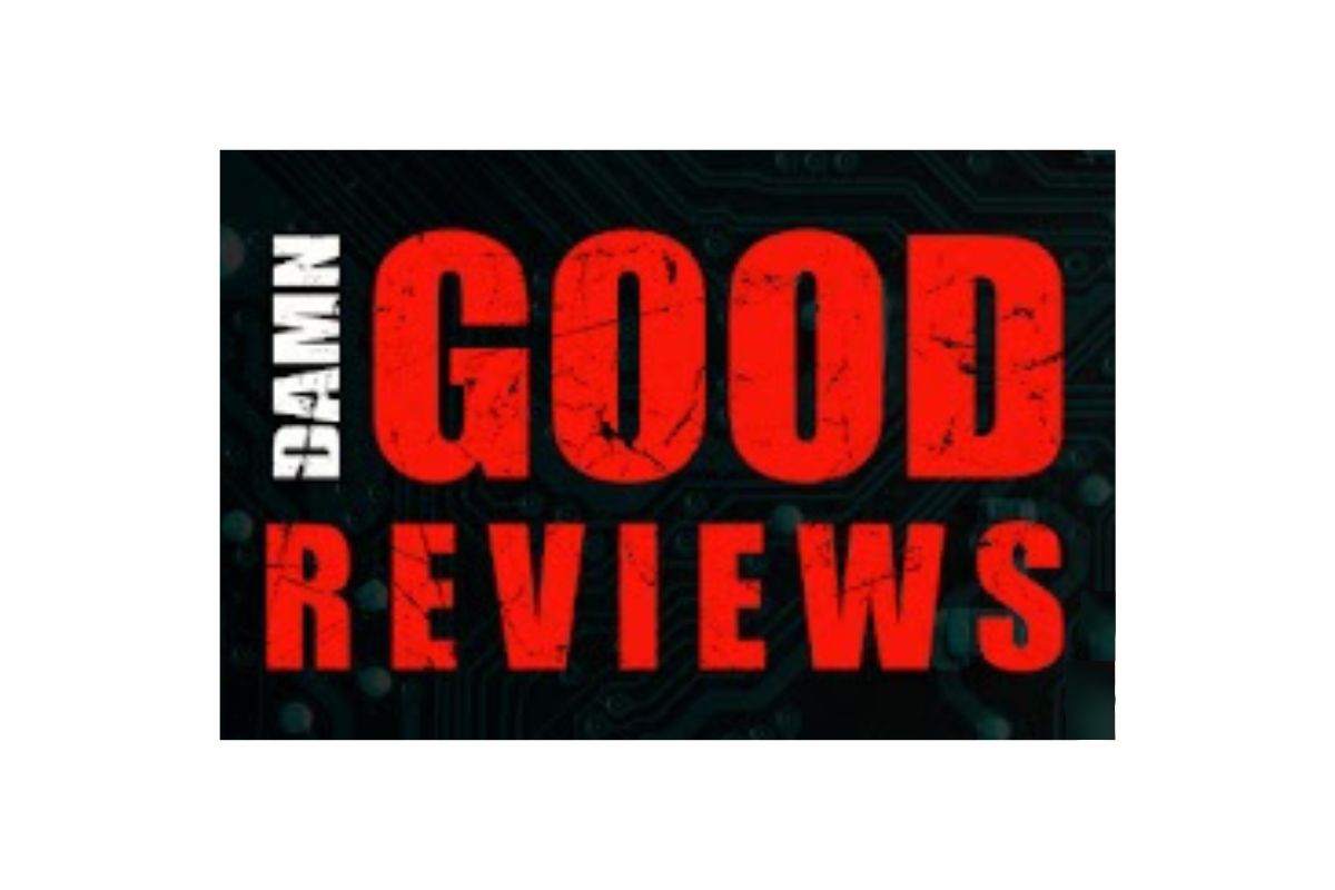 Damn Good Reviews Youtube Channel Logo. Big red block letters for good reviews while "damn" is white and sideways.