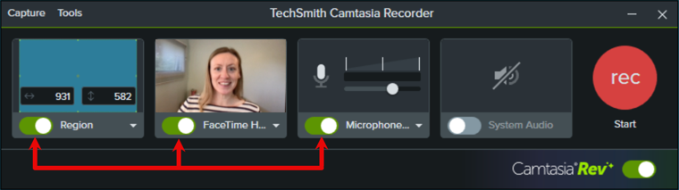 Toggle on screen, camera, and microphone recording
