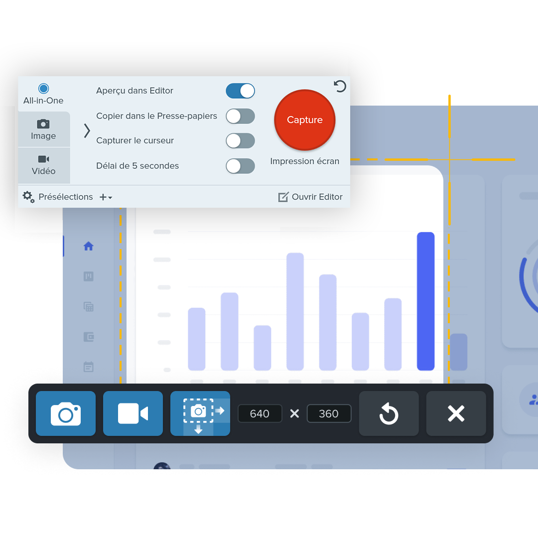 A screenshot of screen recording software with various controls and an 'All-in-One' tab selected, displaying options for image or video capture, including a red 'Capture' button and settings for delays and cursor capture.