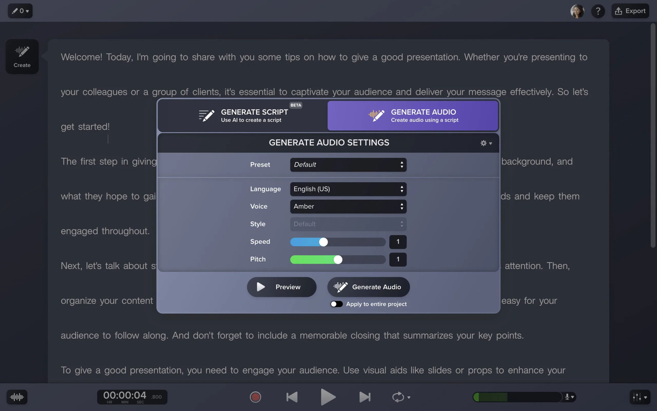 Camtasia Audiate's AI Voice Generator Screenshot