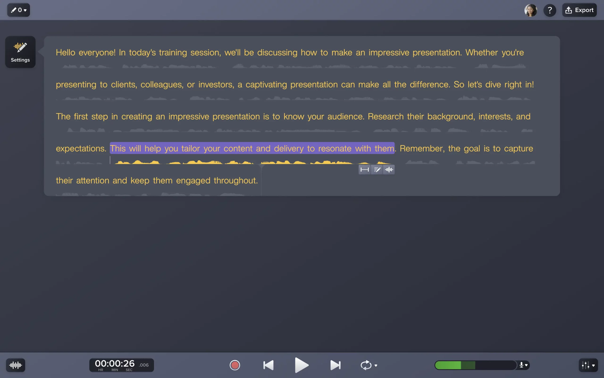 Camtasia Audiate's Text Based Editing Screenshot