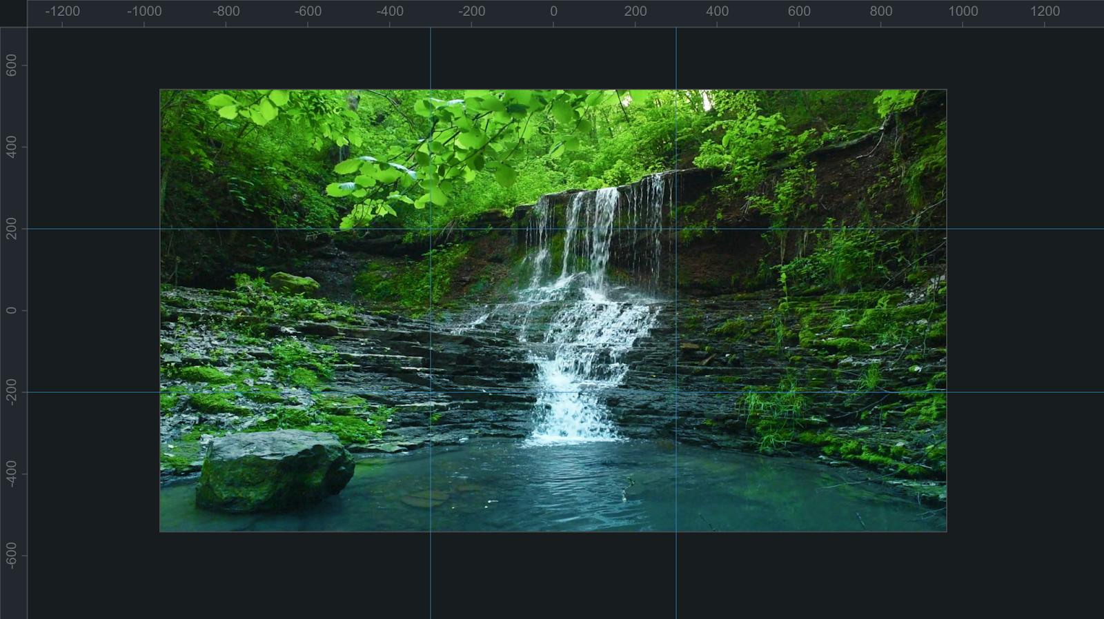 Peaceful landscape with waterfall and grid lines over it.