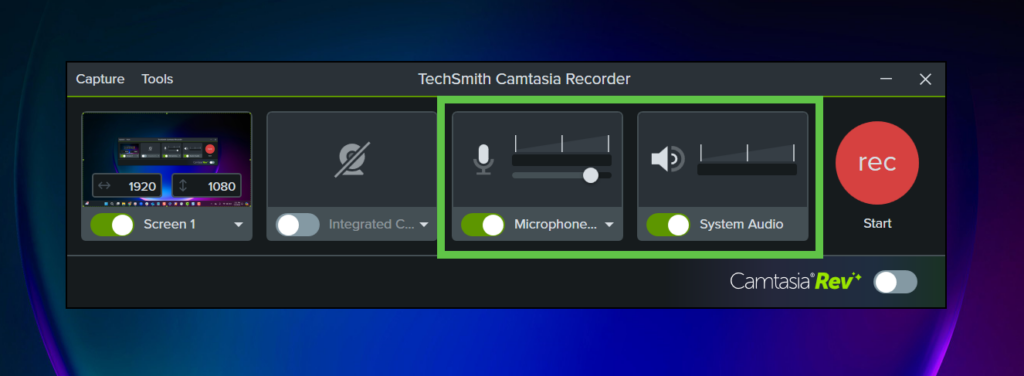 The Camtasia recorder interface with the microphone and system audio toggles turned on.