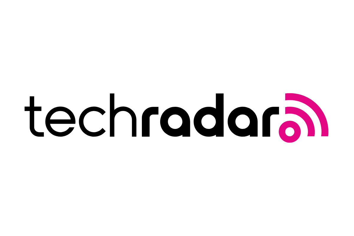 Techradar logo. Black text. Bright pink wifi symbol