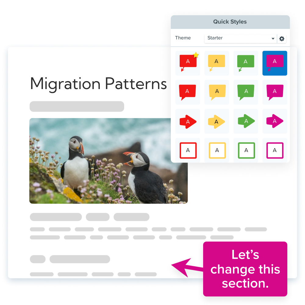 Screenshot of a document about puffin migration patterns with a section for changing styles highlighted.