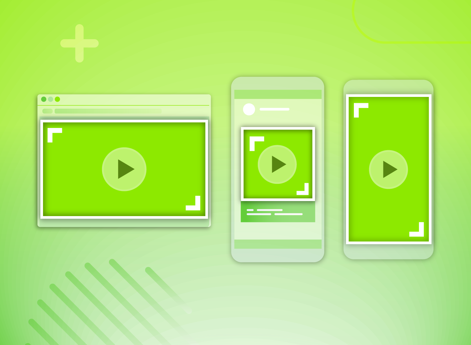 Illustration of various screens displaying a green play button, representing different aspect ratios for video content across devices.