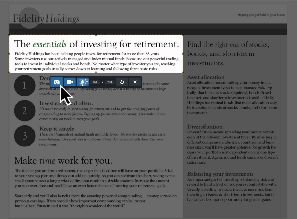 Screenshot demonstrating the Snagit user interface capturing a section of a Fidelity Holdings webpage. The Snagit UI highlights a rectangular portion of the screen with dashed orange lines and shows a toolbar with options for camera, video, and other settings.