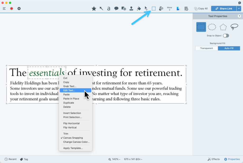 Screenshot of an image editing software interface showing text being edited. The highlighted text reads 'The essentials of investing for retirement.' A right-click menu is open with the 'Edit Text...' option selected. 