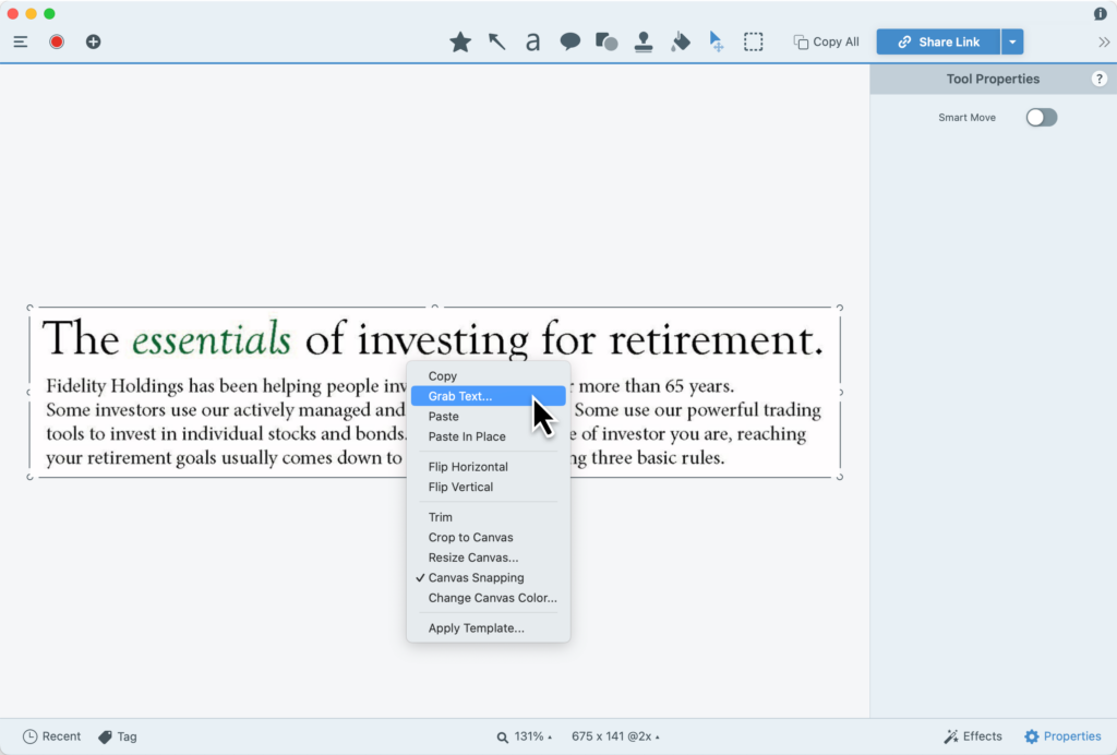 Screenshot demonstrating the Snagit user interface capturing text from a Fidelity Holdings webpage. 