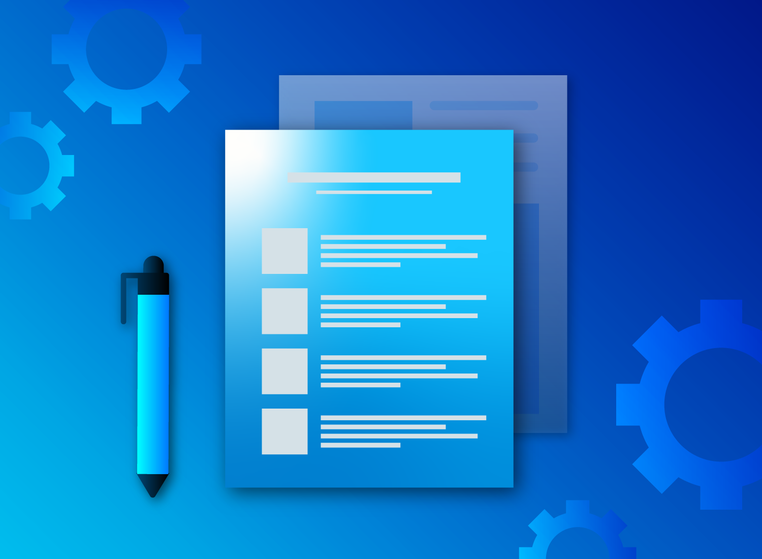 Illustration of a technical writing checklist with a blue pen and gears in the background, symbolizing the structured and detailed nature of technical documentation.