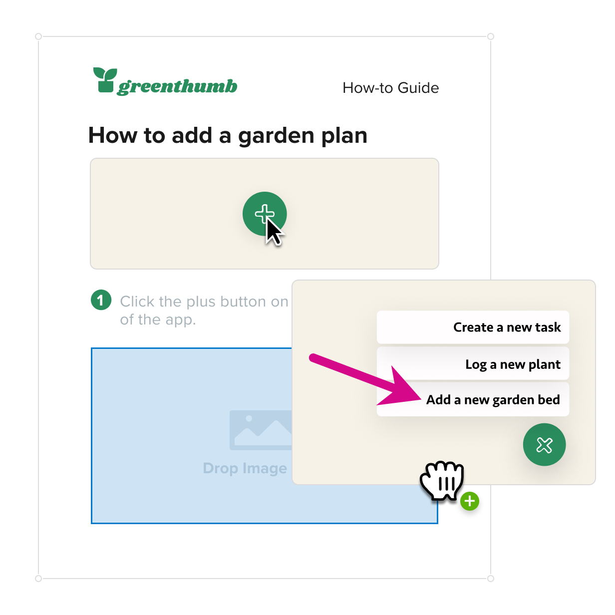 Screenshot of a "How-to Guide" from Greenthumb on adding a garden plan, showing a cursor clicking a plus button, with a dropdown menu highlighting "Add a new garden bed."