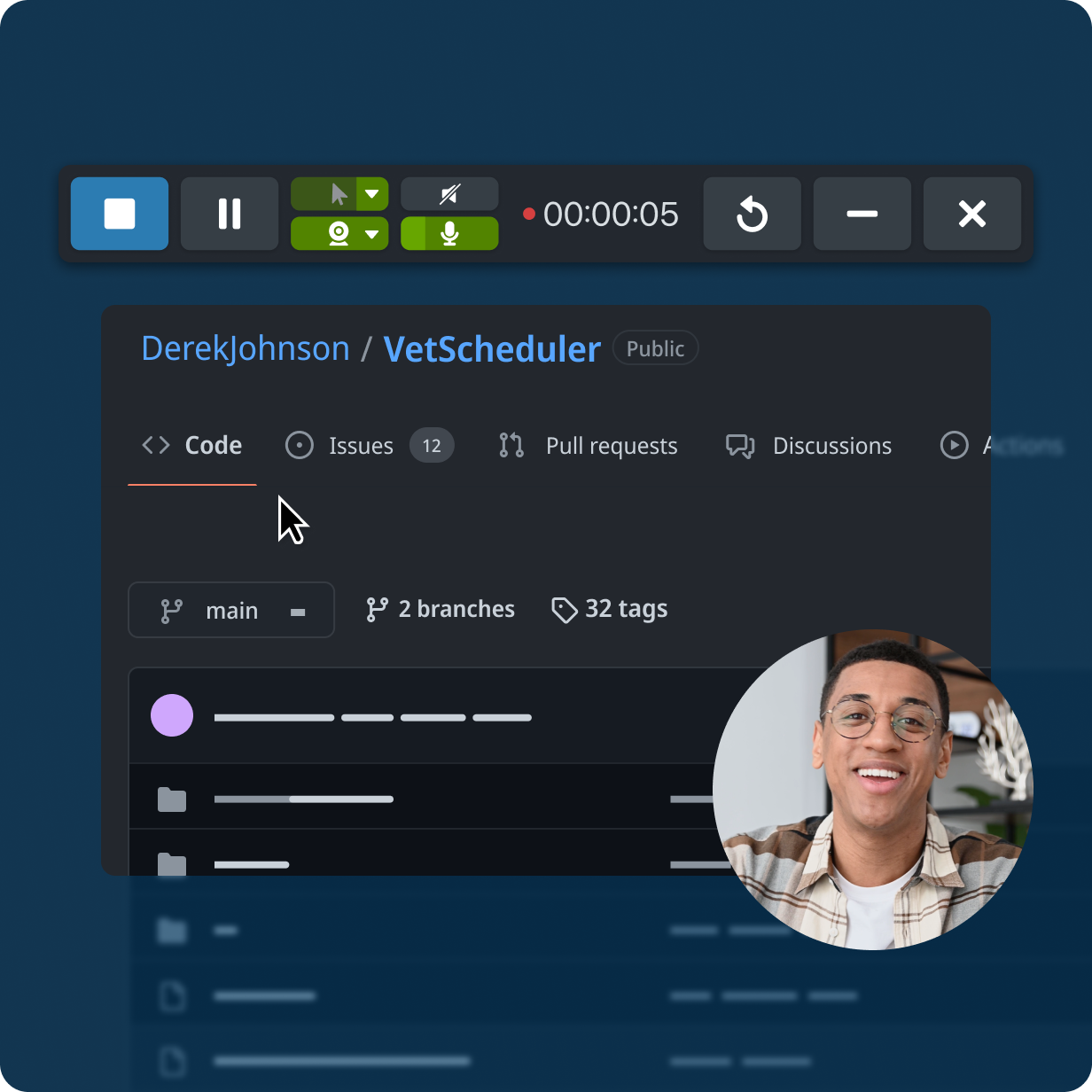 Screenshot of a video recording interface showing a GitHub repository named 'VetScheduler' with an inset of a person speaking, illustrating how Snagit can help explain complex concepts through video messages.