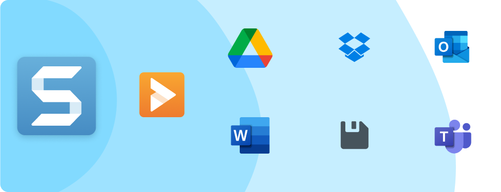 Illustration showing various sharing destinations for Snagit, including icons for Google Drive, Dropbox, Microsoft Outlook, Microsoft Word, a floppy disk (save icon), and Microsoft Teams.