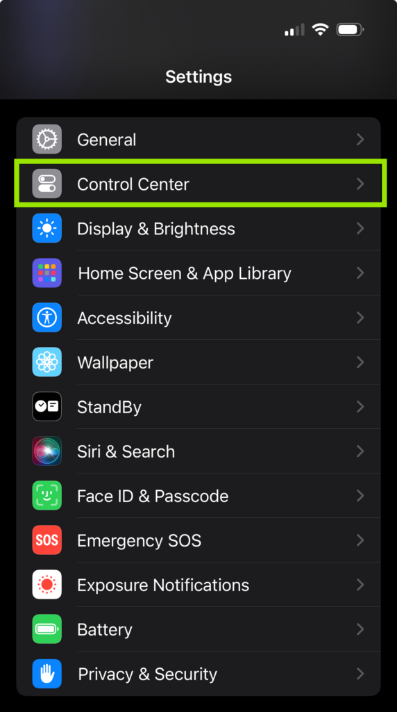 Screenshot of the iPhone "Settings" menu highlighting the "Control Center" option under the "General" settings.