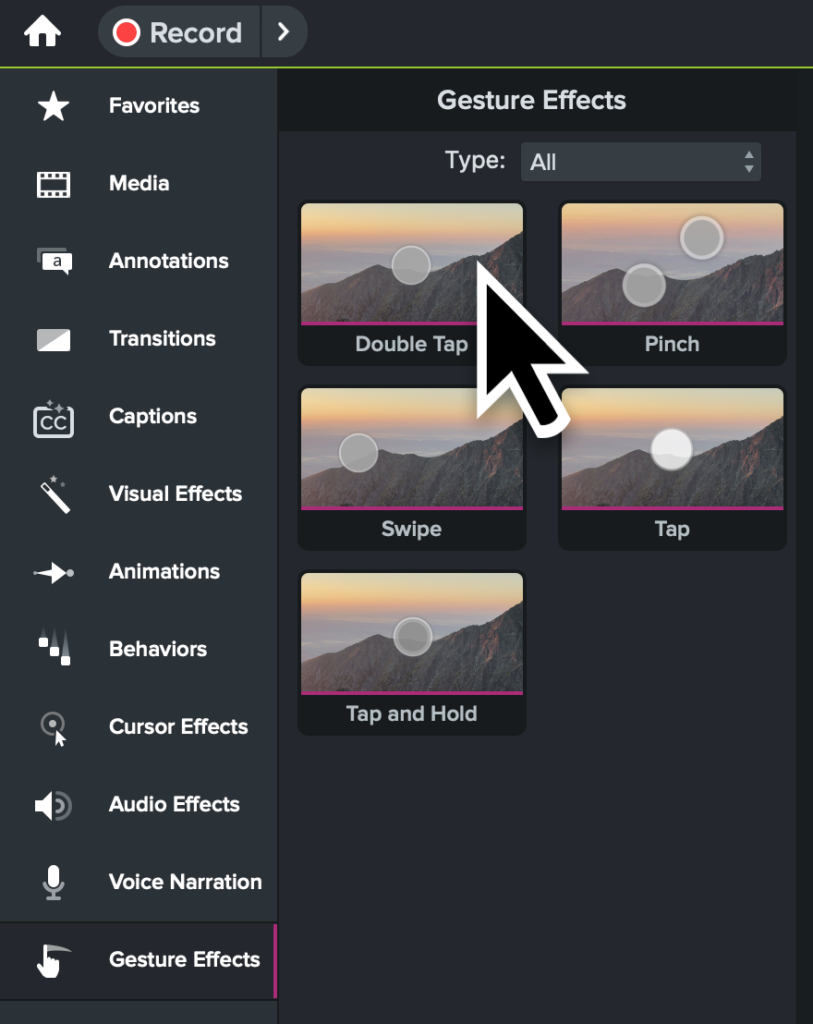 Screenshot of the gesture effects panel in a video editing software, highlighting options like Double Tap, Pinch, Swipe, Tap, and Tap and Hold with a large cursor hovering over the Double Tap effect.