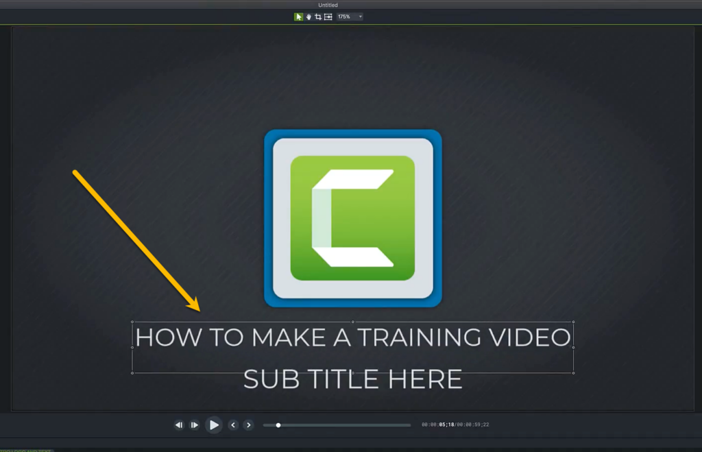 Text editor in video editing software used for adding titles in training videos