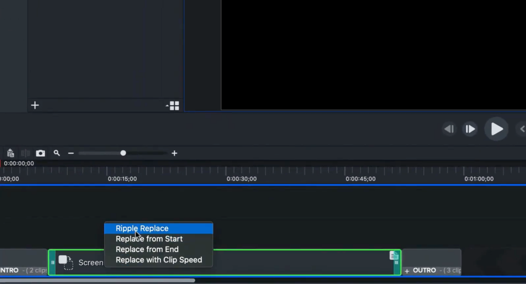 Editing timeline in video software showing Ripple Replace feature for creating training videos