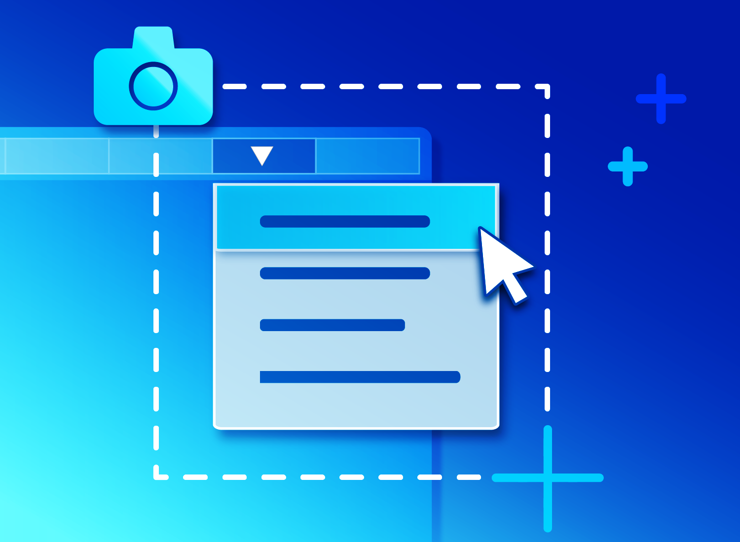 Blue image of dropdown menu with mouse and camera.