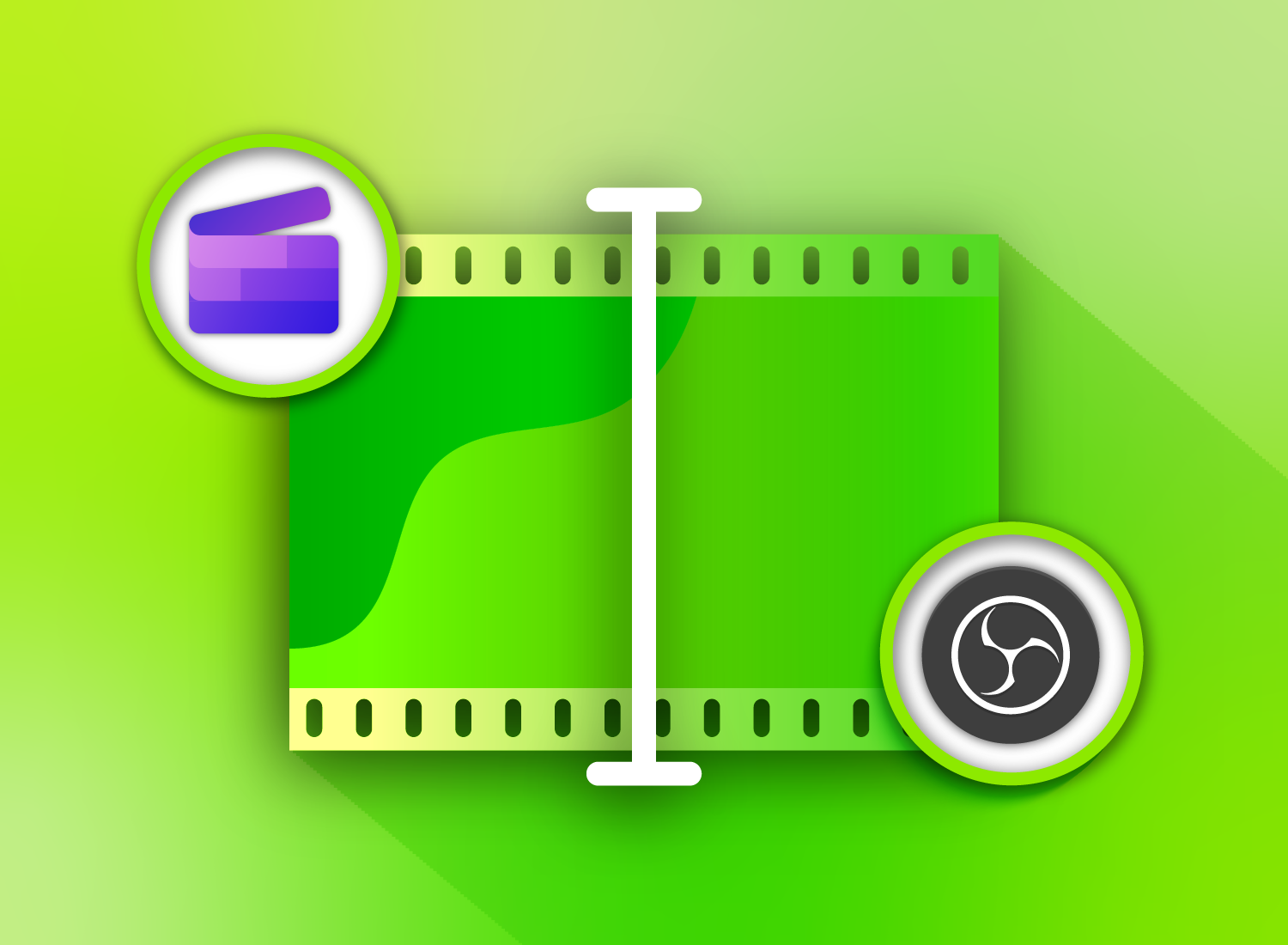 Graphic of a green film strip with a timeline slider, clapperboard icon on the left, and fan symbol on the right.