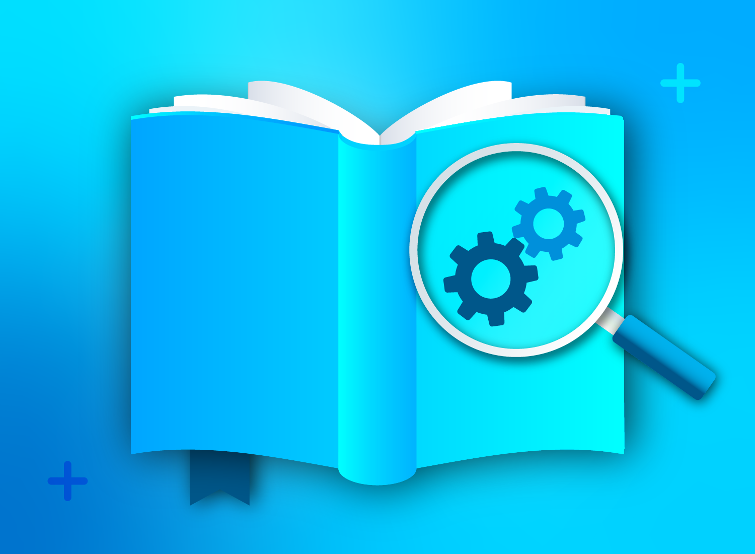 an open book with two gears under a magnifying glass on the cover