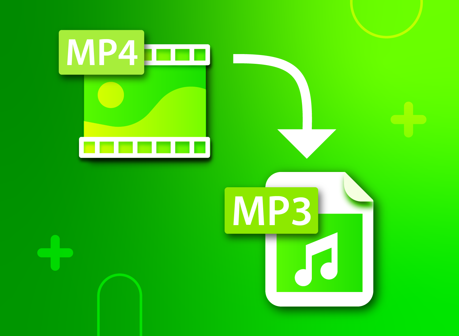 a video clip icon labeled 'mp4' with an arrow pointing toward a musical note icon labeled 'mp3'