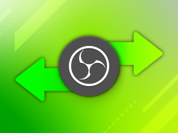 Green gradient background with a circular logo in the center and arrows pointing in opposite directions.