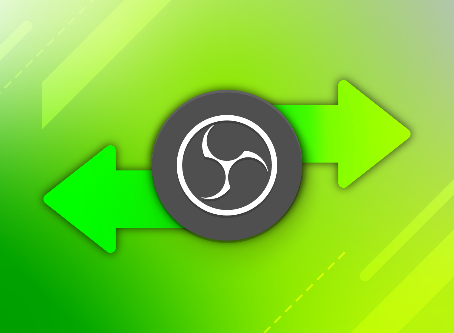 Green gradient background with a circular logo in the center and arrows pointing in opposite directions.