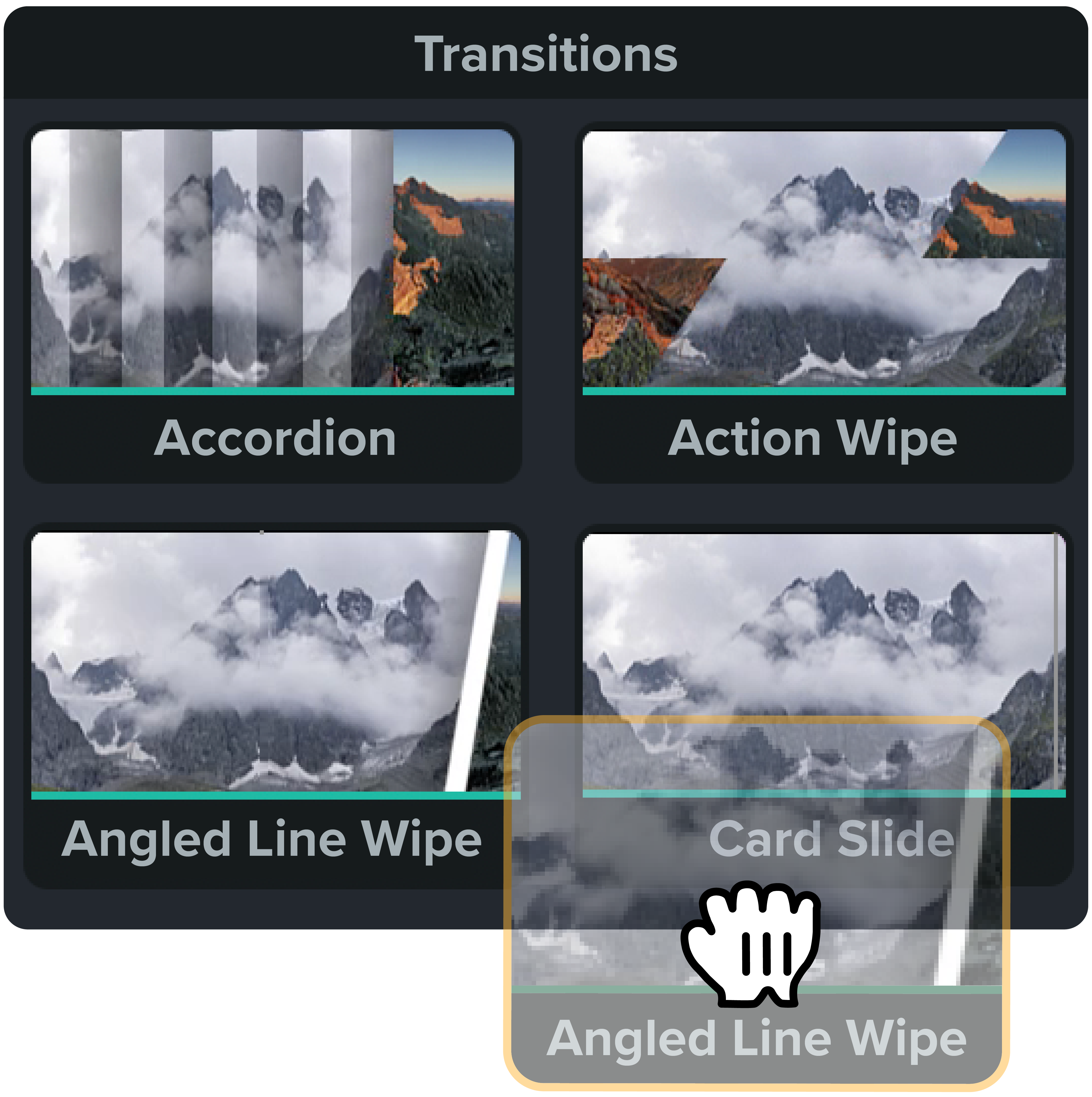 Menu des transitions de Camtasia avec différentes options